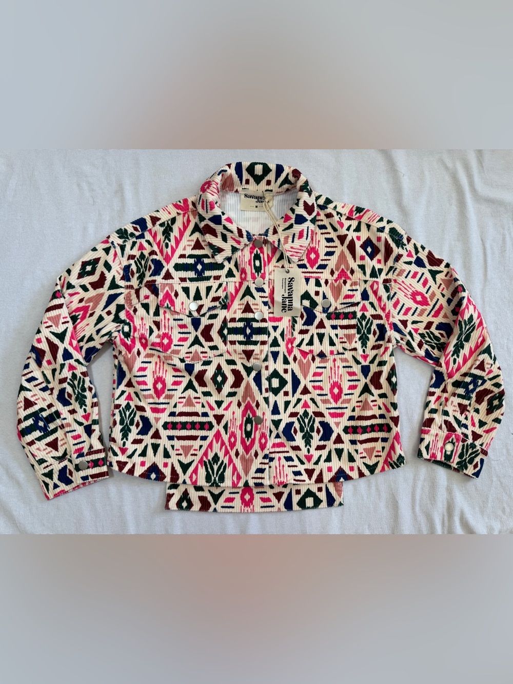Savanna Jane Women’s Medium Aztec Print Corduroy Jacket High Low Shacket NWT - Picture 2 of 7